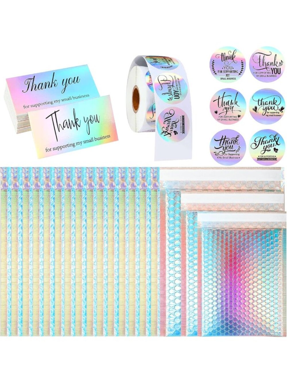 50 Pcs Holographic Bubble Mailers with Thank You Cards & Stickers - Waterproof